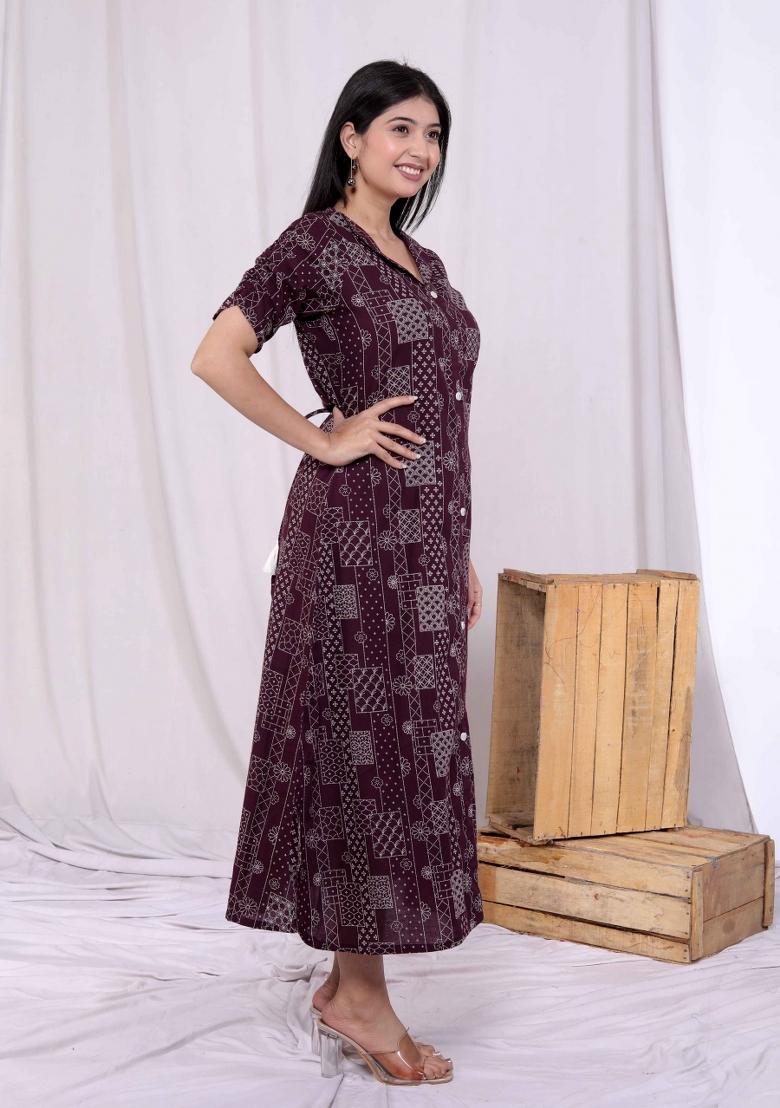 Wine Printed Cotton Dress - Indya