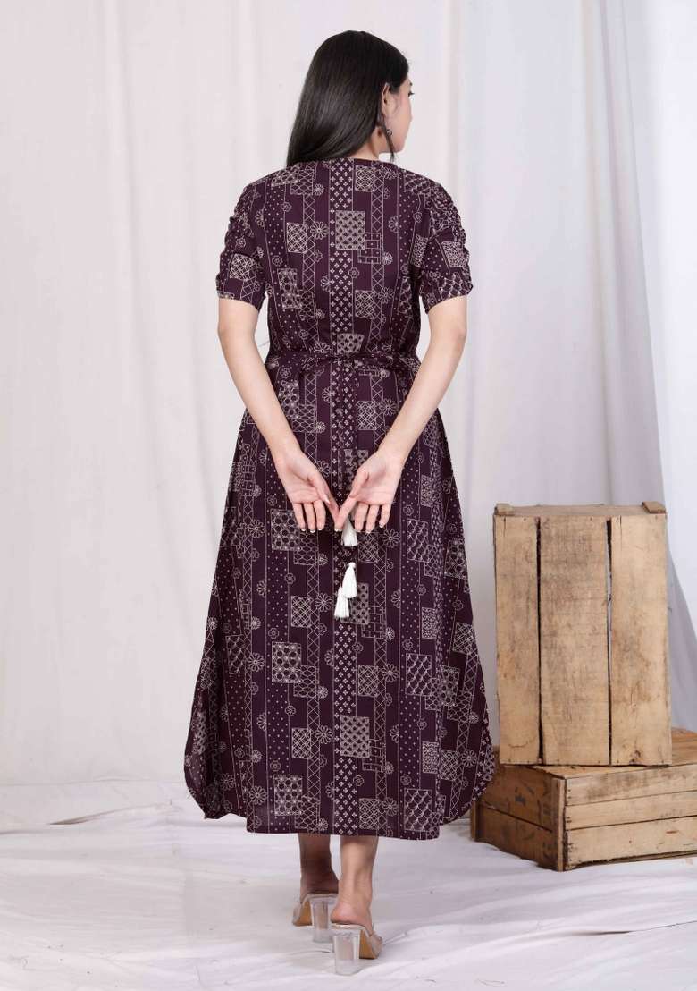 Wine Printed Cotton Kurta - Indya