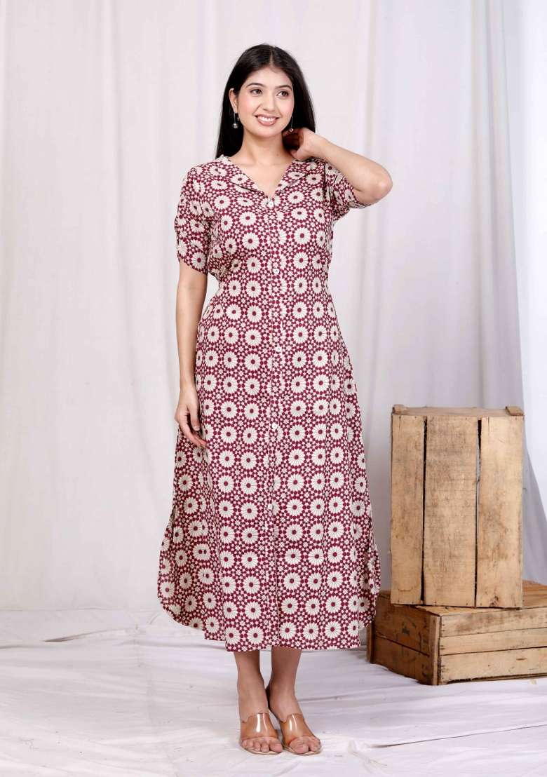 Cream Printed Cotton Gown for Diwali and Festive Wear - Indya
