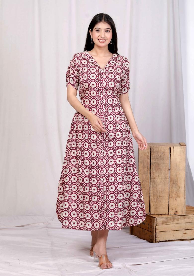Cream Printed Cotton Dress - Indya
