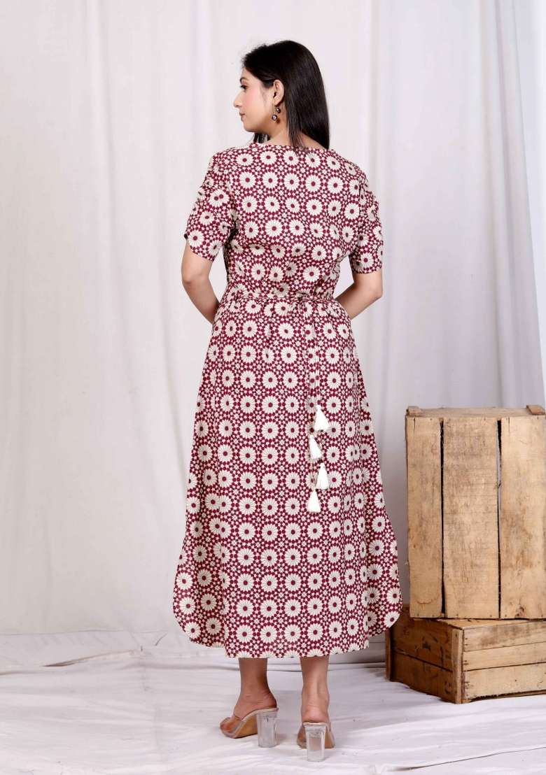 Cream Printed Cotton Gown for Diwali and Festive Wear - Indya