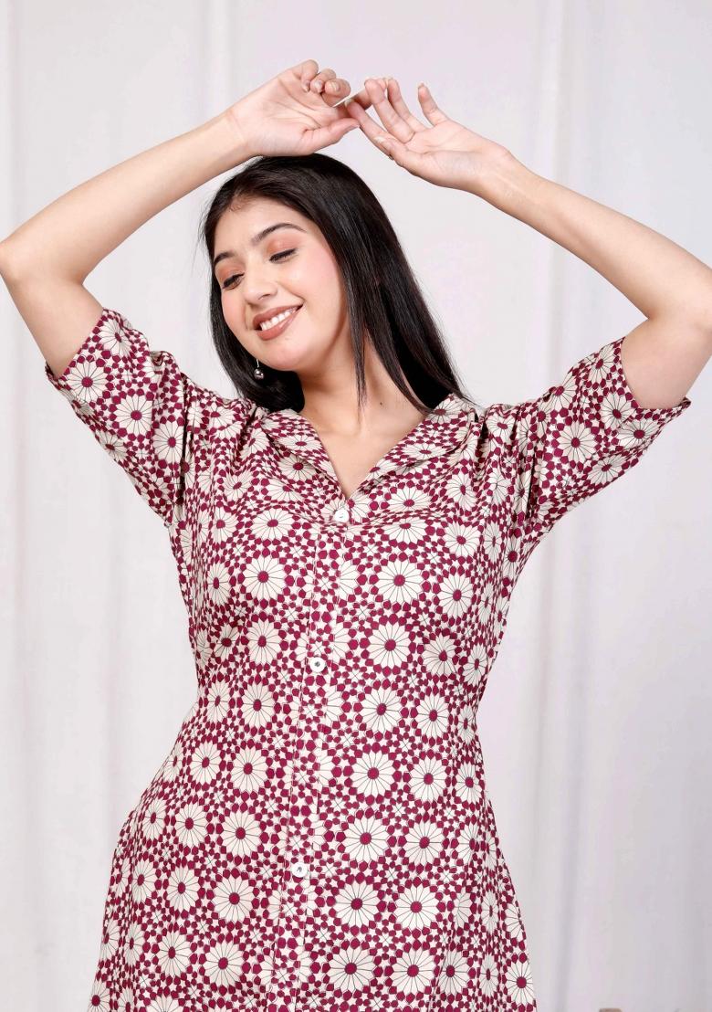 Cream Printed Cotton Dress - Indya