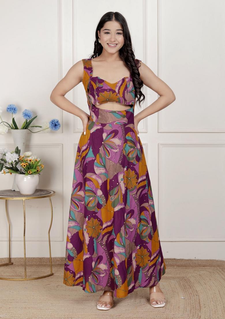 Magenta Floral Cotton Dress - Indya