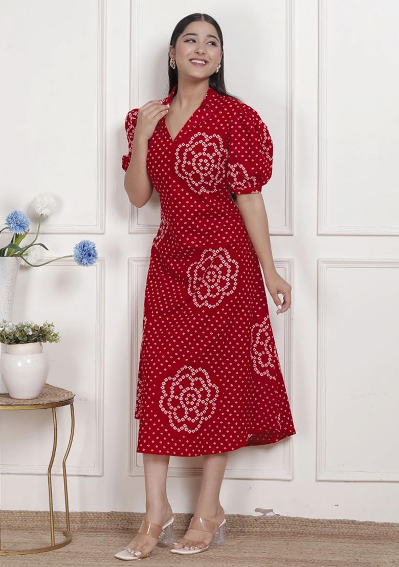 Red Bandhani Cotton Dress - Indya