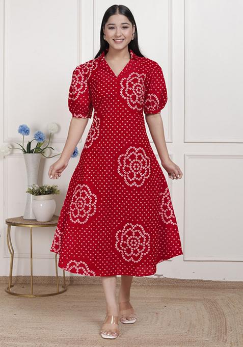 Red Bandhani Cotton Dress - Indya