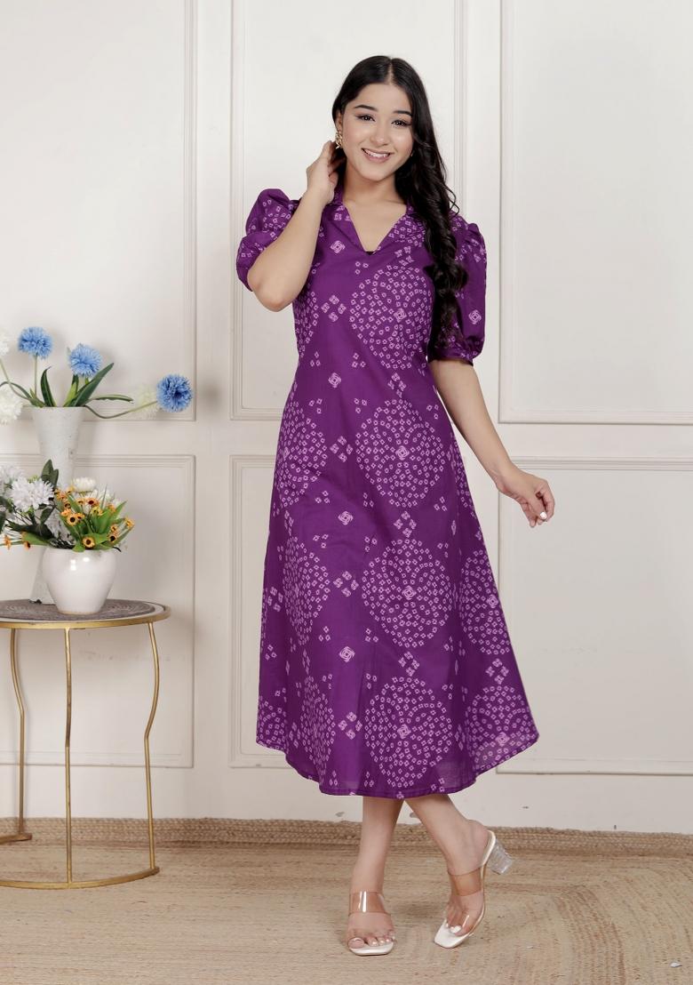 Purple Bandhani Cotton Dress - Indya