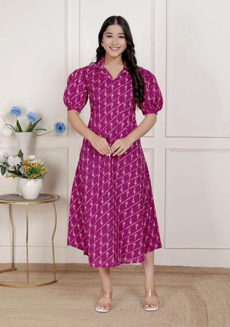 Magenta Floral Cotton Dress - Indya