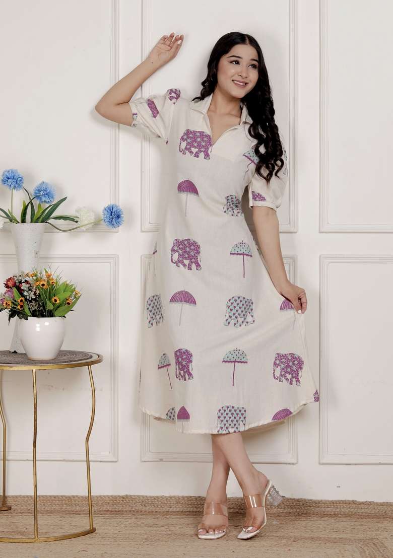 Off White Printed Cotton Kurta - Indya