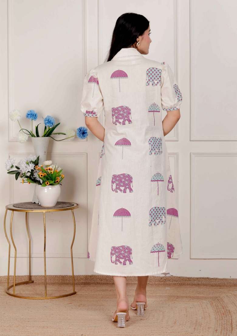 Off White Printed Cotton Kurta - Indya