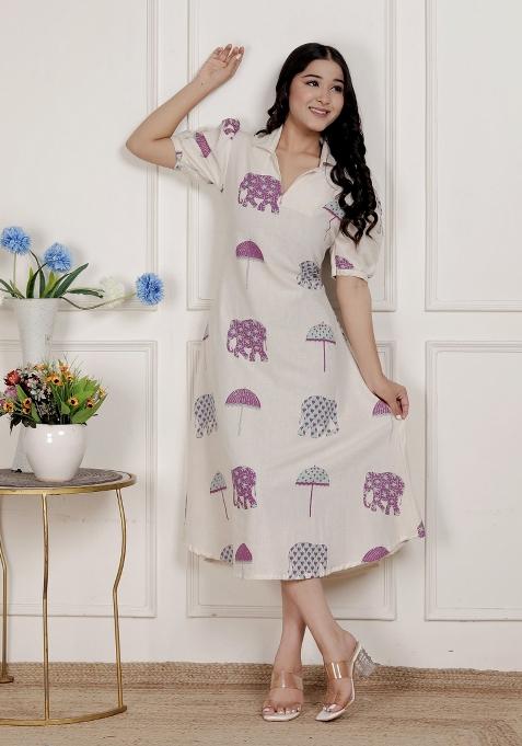 Off White Animal Print Cotton Dress