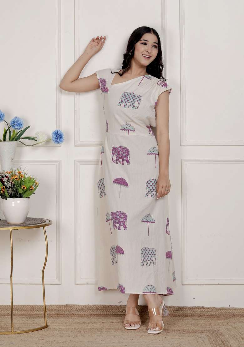 Off White Cotton Gown with Printed for Diwali | Wedding & Festive Wear - Indya