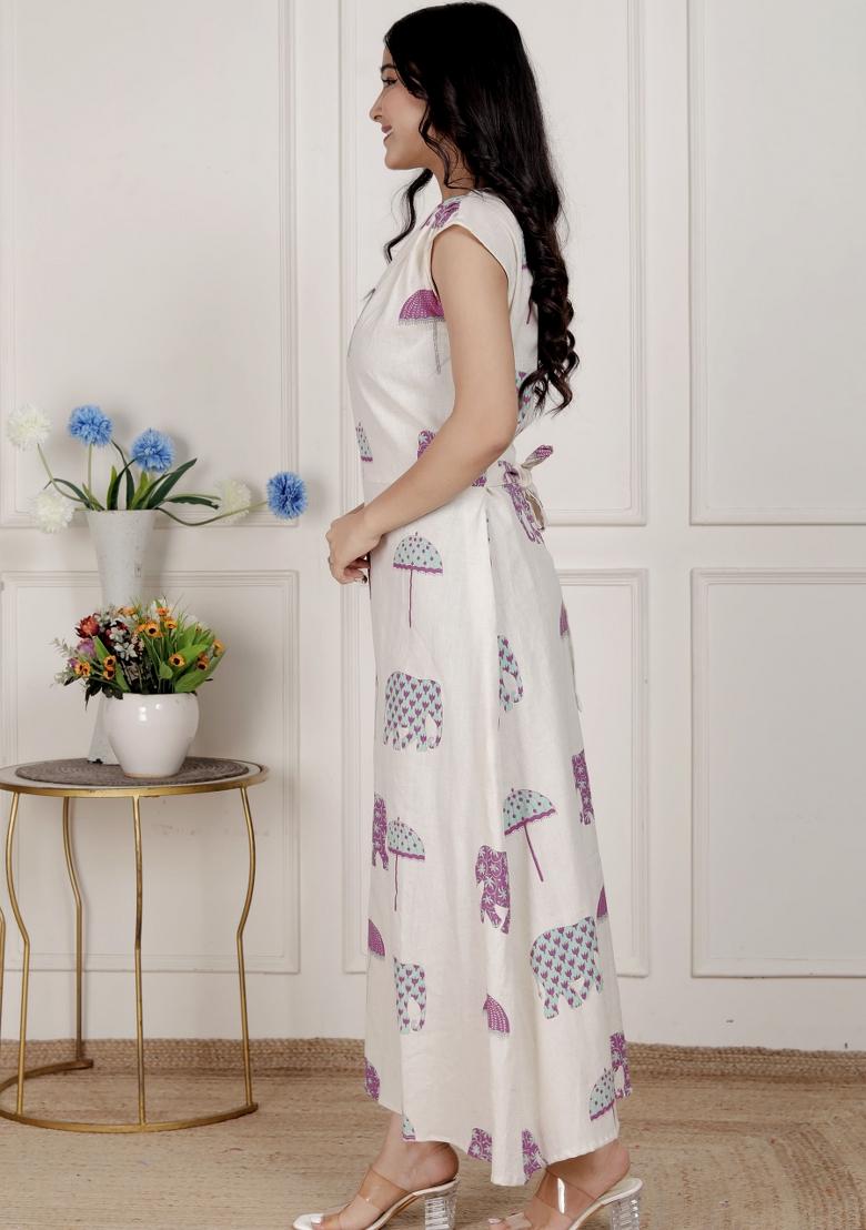 Off White Animal Print Cotton Dress - Indya