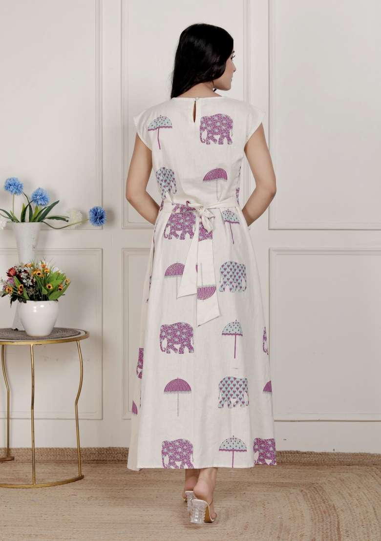 Off White Cotton Gown with Printed for Diwali | Wedding & Festive Wear - Indya