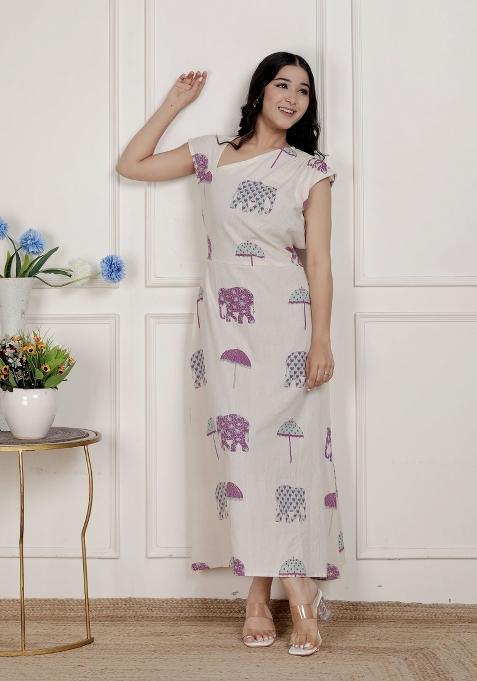 Off White Animal Print Cotton Dress