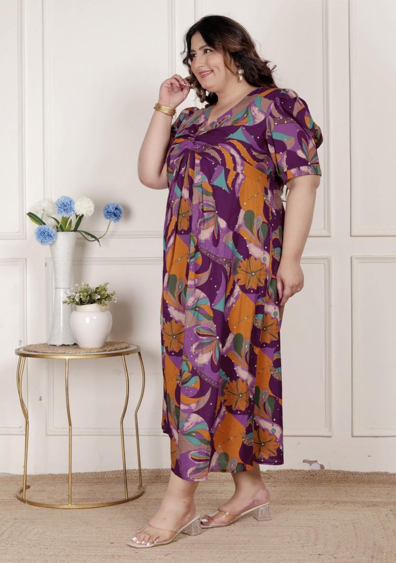 Magenta Floral Cotton Dress - Indya