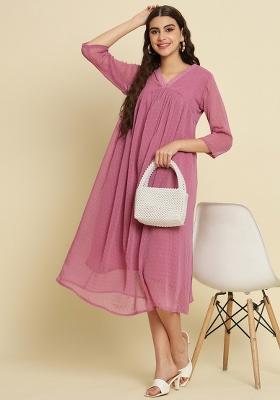Lavender Self Design Chiffon Dress