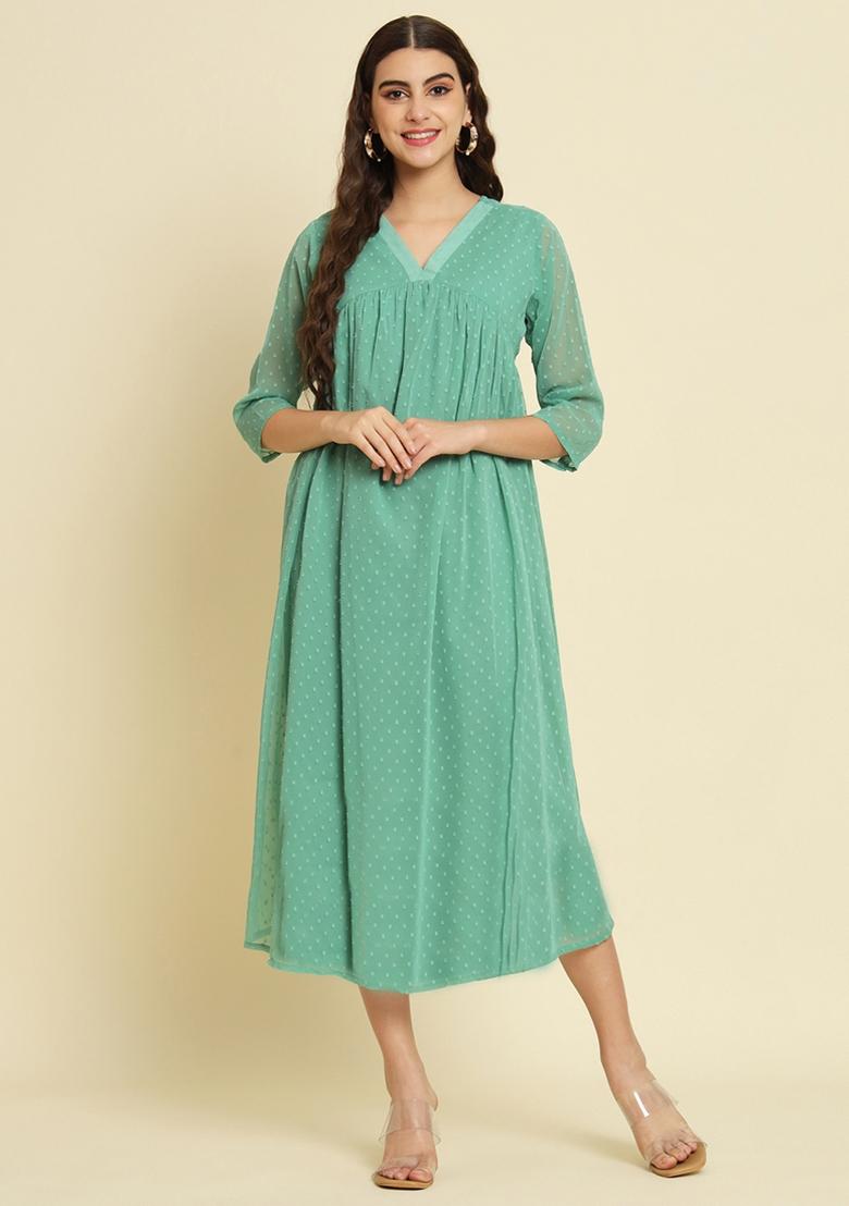 Sea Green Self Design Chiffon Dress - Indya