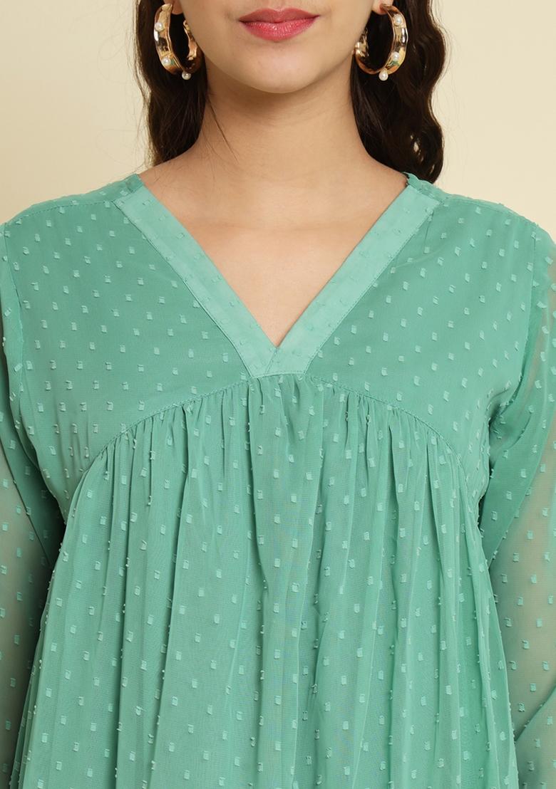 Sea Green Self Design Chiffon Dress - Indya