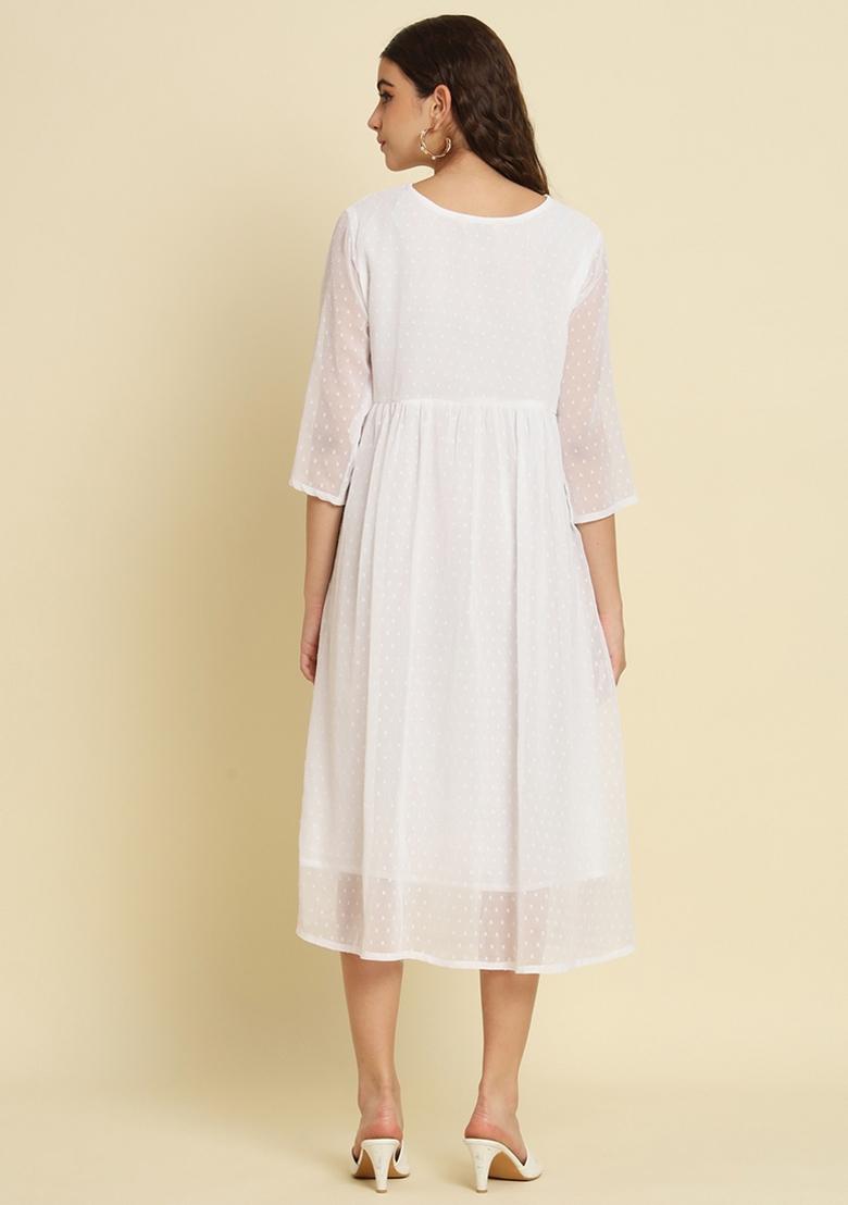 White Self Design Chiffon Dress - Indya
