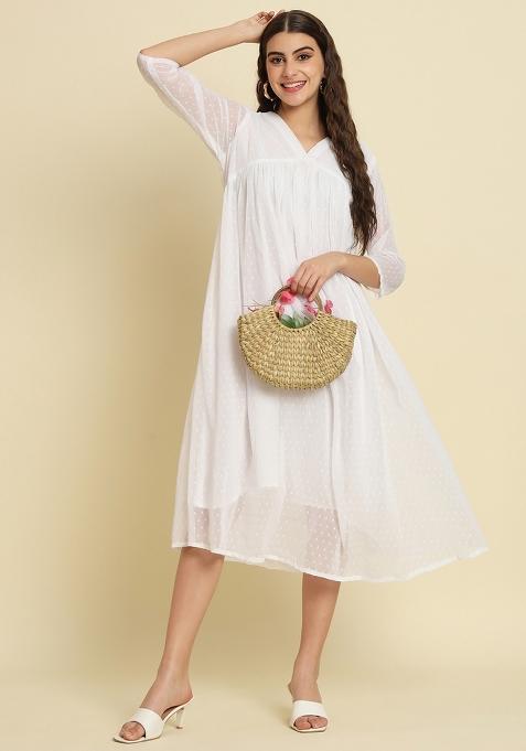 White Self Design Chiffon Dress