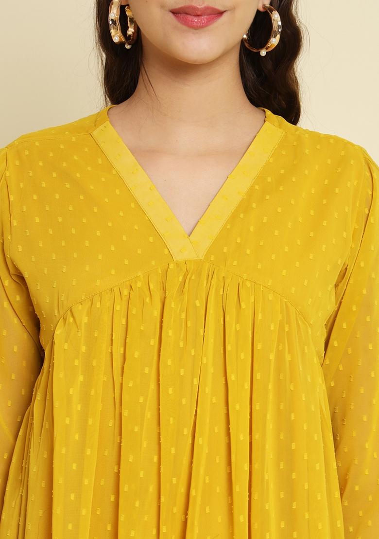 Yellow Self Design Chiffon Dress - Indya