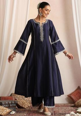 Navy Blue Hand Embroidery Chanderi Kaftan Set