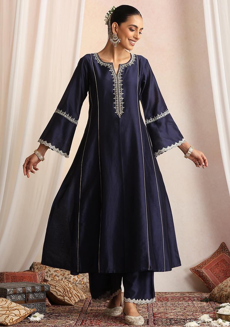 Navy Blue Hand Embroidery Chanderi Kaftan Set