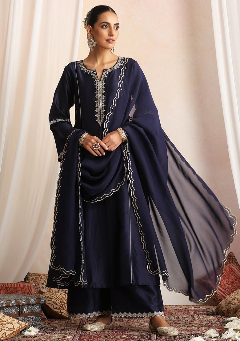 Navy Blue Hand Embroidery Chanderi Kaftan Set