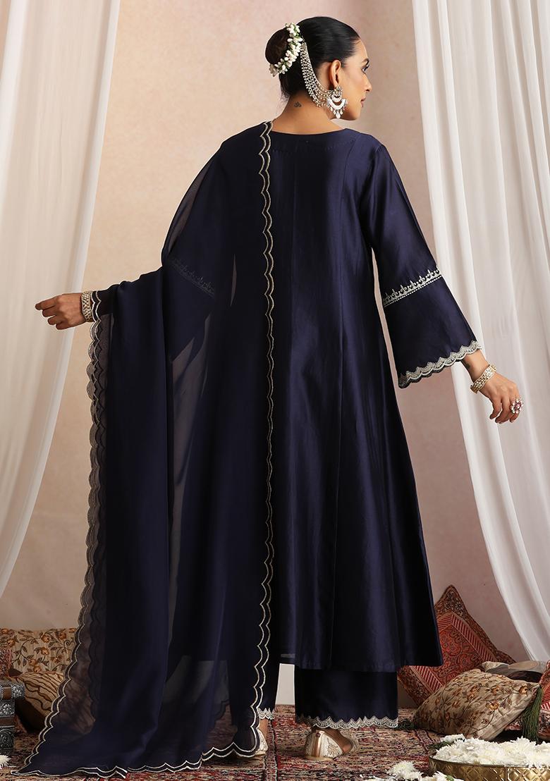 Navy Blue Hand Embroidery Chanderi Kaftan Set