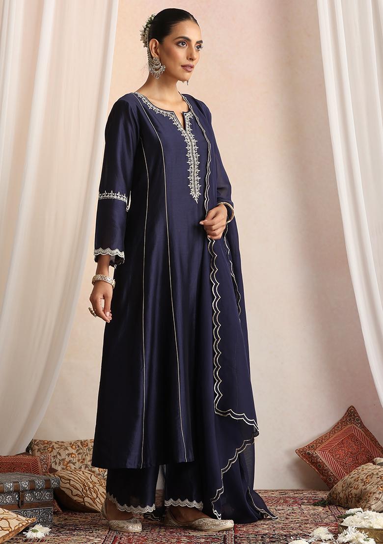 Navy Blue Hand Embroidery Chanderi Kaftan Set