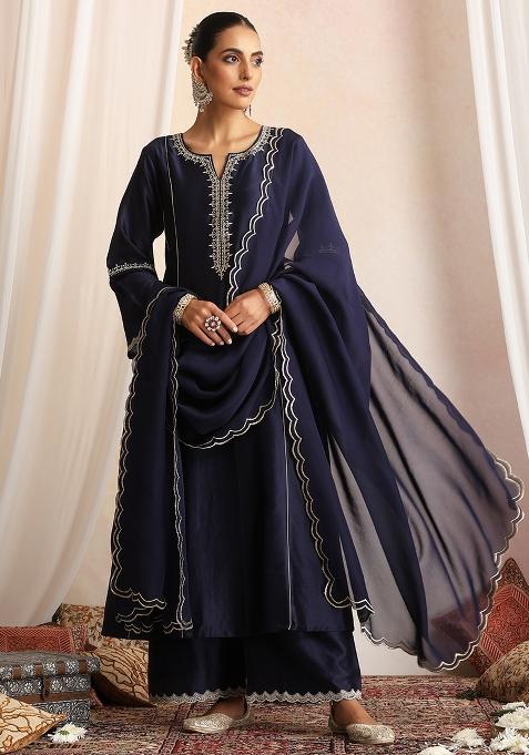 Navy Blue Hand Embroidery Chanderi Kaftan Set
