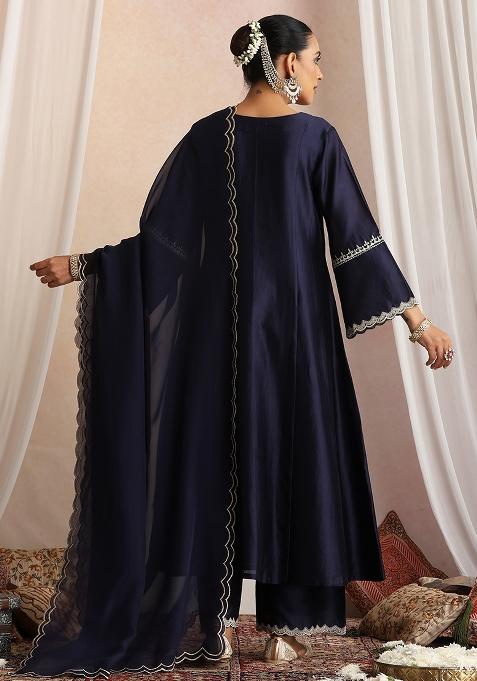 Navy Blue Hand Embroidery Chanderi Kaftan Set