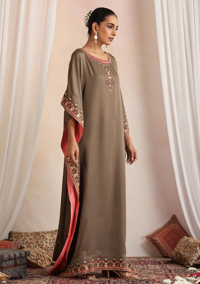 Olive Hand Embroidery Cotton Kaftan - Indya