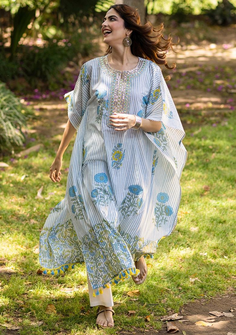 Blue Block Printed Cotton Cambric Kaftan Set - Indya