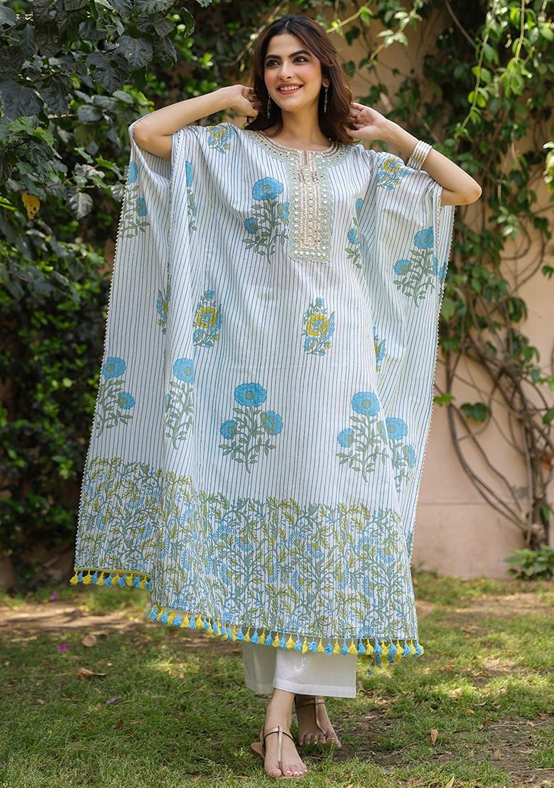 Blue Block Printed Cotton Cambric Kaftan Set - Indya