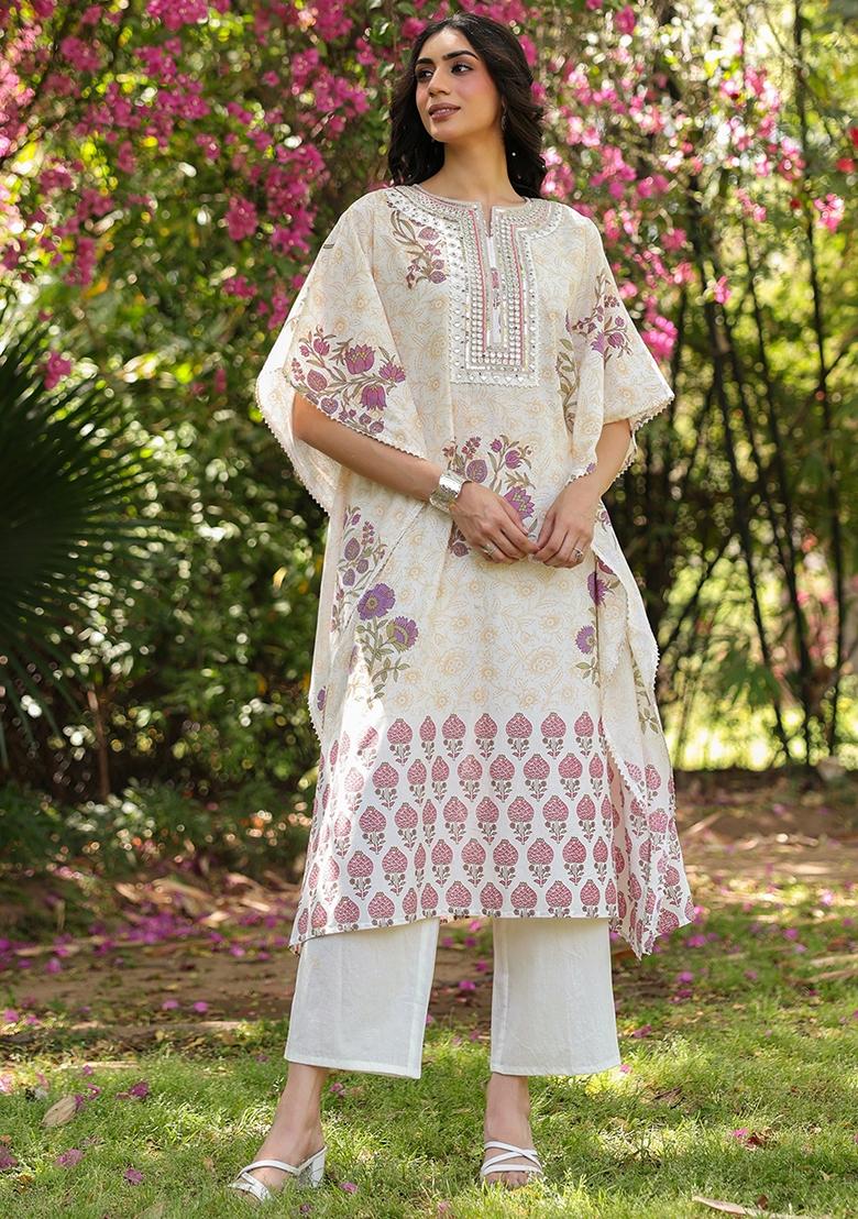 Mustard Block Printed Cotton Cambric Kaftan Set - Indya