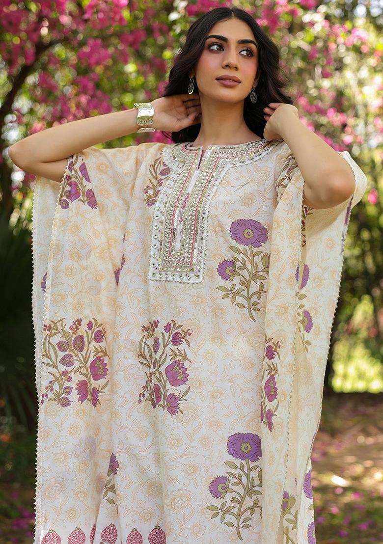 Mustard Block Printed Cotton Cambric Kaftan Set - Indya