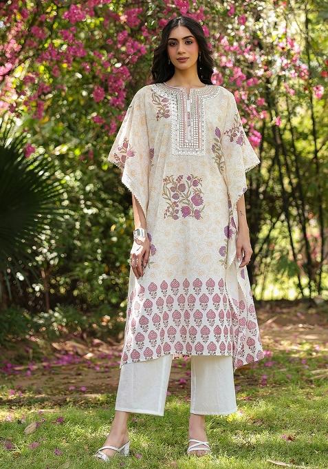 Mustard Block Printed Cotton Cambric Kaftan Set