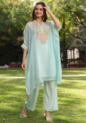 Aqua Embroidered Orgenza Silk Kaftan Set