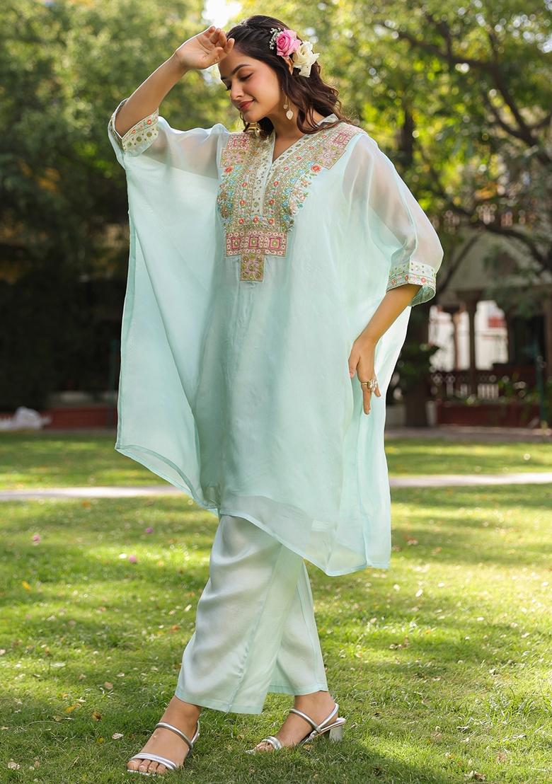 Aqua Embroidered Orgenza Silk Kaftan Set - Indya