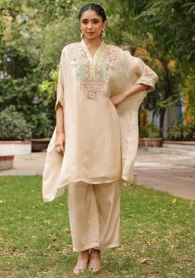 Beige Embroidered Orgenza Silk Kaftan Set