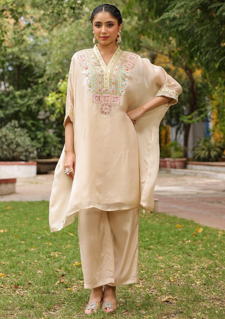 Beige Embroidered Orgenza Silk Kaftan Set - Indya