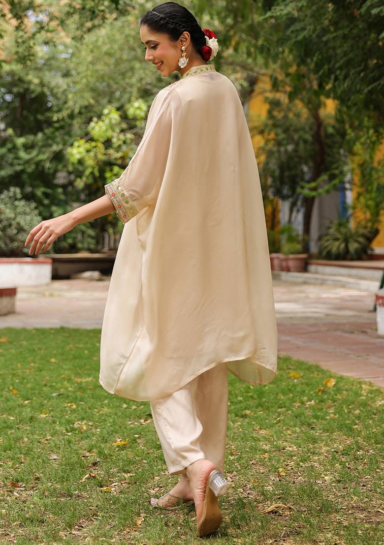 Beige Embroidered Orgenza Silk Kaftan Set - Indya