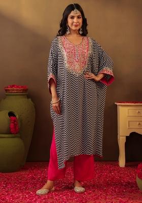 Pink Embroidered Dupion Silk Kaftan Set