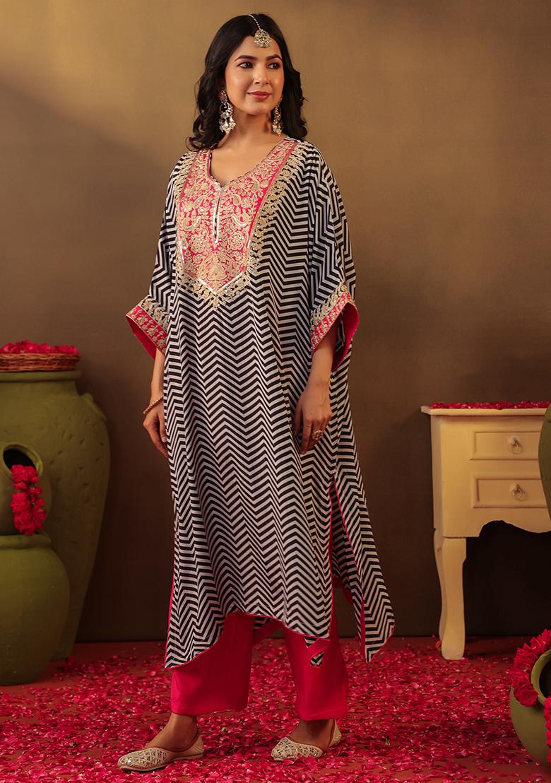 Pink Embroidered Dupion Silk Kaftan Set - Indya