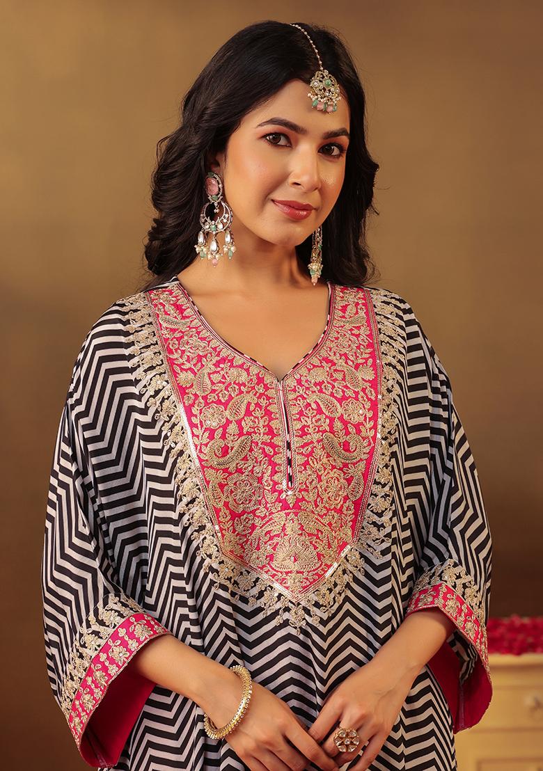 Pink Embroidered Dupion Silk Kaftan Set - Indya