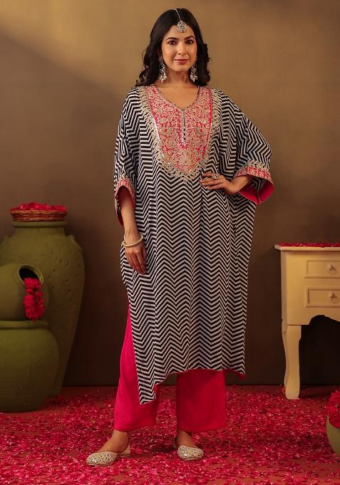Pink Embroidered Dupion Silk Kaftan Set