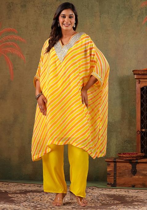 Yellow Mirror Work Organza Kaftan Set