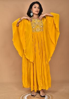 Yellow Hand Embroidery Crepe Kaftan