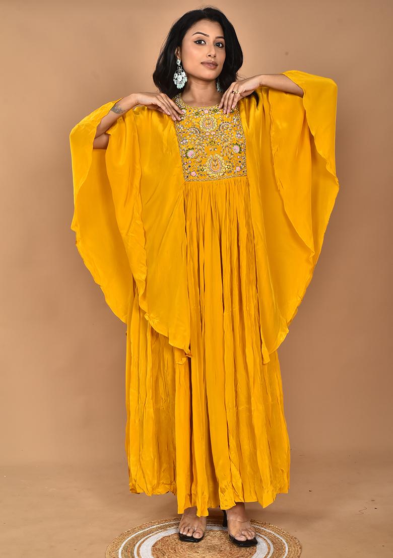 Yellow Hand Embroidery Crepe Kaftan